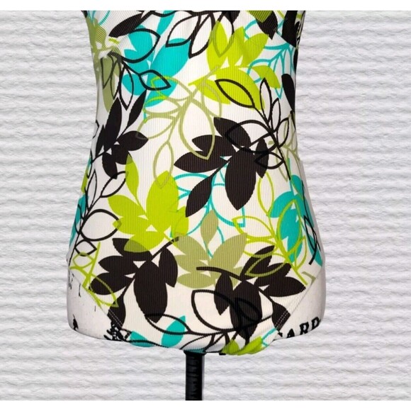 Christina Womens 16/38 Ivory/Brown Floral Ribbed Halter One Piece Swimsuit Beach - Picture 2 of 9